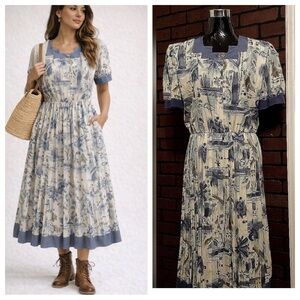 Vintage 70s Blue Floral Midi Dress 14 Prairiecore